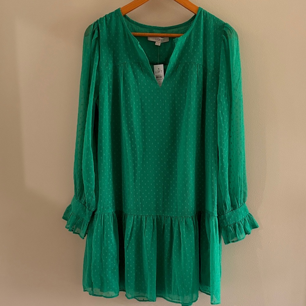 NWT LOFT Emerald Green Swiss Dot Ruffle Tier flouncy Dress M